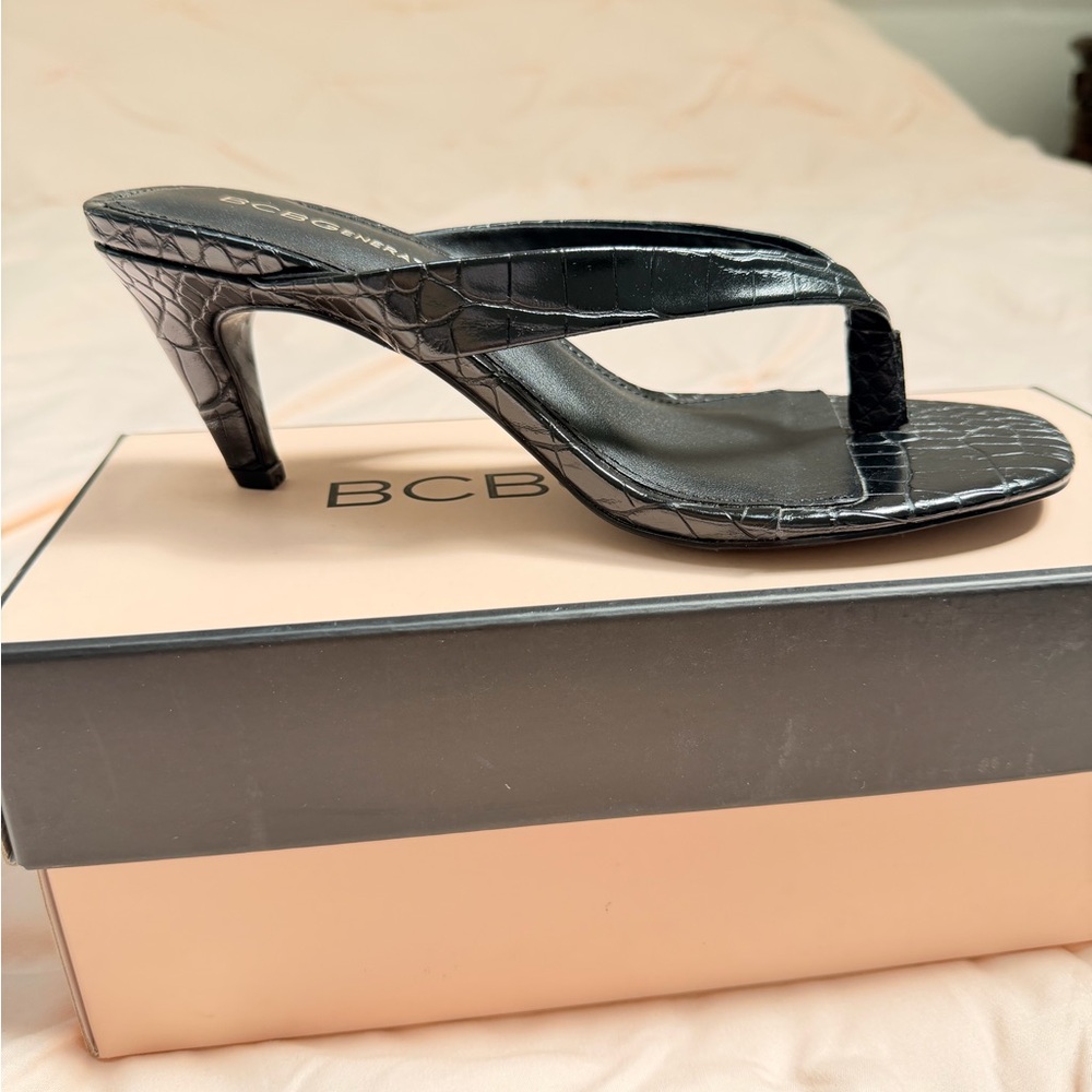 BCBGeneration Black Croc-Embossed Thong Kitten Heel